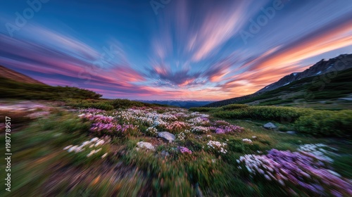 Vibrant sunset over a wildflower meadow, showcasing nature's beauty in a serene mountain landscape
