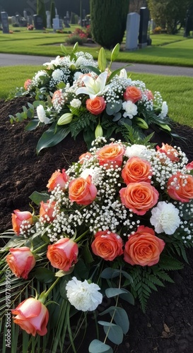 Beautiful Floral Arrangement on a Grave in Cemetery.