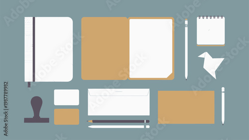 Top down view of professional stationery items for business branding on desk
