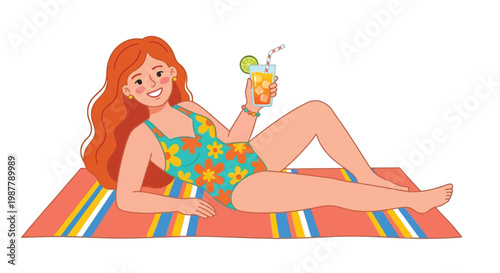 A cheerful woman relaxes poolside with a refreshing summer drink