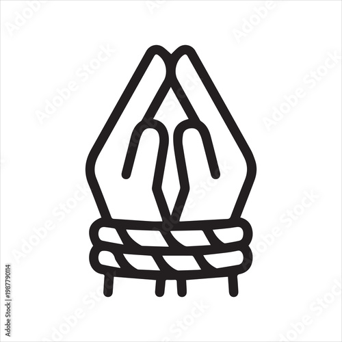Tied hands in prayer, linear icon. Slavery, restriction, or loss of freedom. Line with editable stroke.