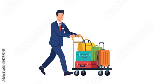 A businessman pulls luggage on a cart at an airport or hotel