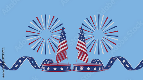 Two American flags on pedestals with starry ribbons and fireworks celebration patterns