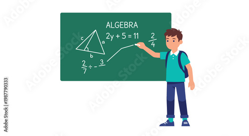 Student solving an algebra equation at a green chalkboard