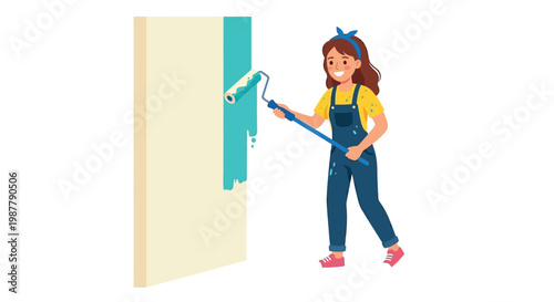 Young woman cheerfully painting a wall a vibrant shade of teal