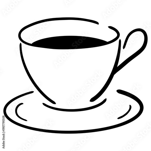 Hand-Drawn Wedding Coffee Cup Doodle, Cute Hot Drink Outline with Saucer for Marriage Brunch Menu, Catering Service, and Party Decor.