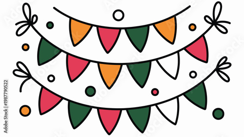 Two colorful strings of triangular party flags with decorative bows and circles