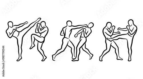 Muay Thai Fight Sequence in Line Art Style