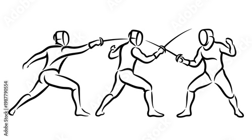 Fencing Duel with Three Silhouette Figures