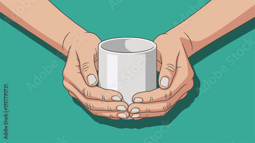Two hands gently cup a blank white ceramic mug on a solid teal green background