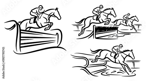 Equestrian Jumping Set of Line Art Drawings