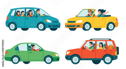 Family road trip with diverse cars a convertible sedan and suv