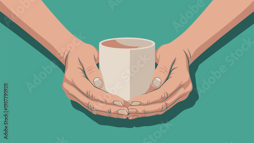 Two human hands gently hold a plain white ceramic cup on a teal background