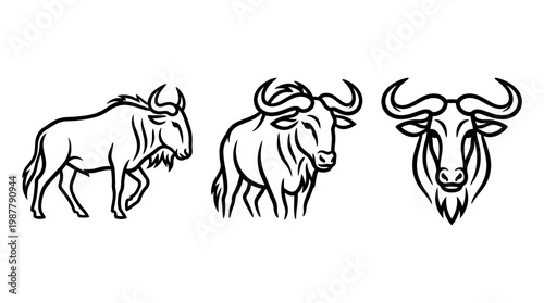 Stylized Line Art of Three Wildebeest Poses