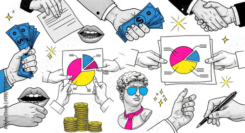 Business and finance illustrations depicting various hands engaging in money transactions, deal negotiations, data interpretation, and wealth management activities