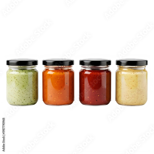 Four jars of homemade jam displayed in a row with lids on