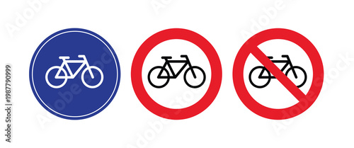 Bicycle Signs Set Vector Mandatory and Prohibition Bike Symbols, Blue Cycle Lane Sign and Red No Bicycle Signs for Traffic Regulation and Road Safety Design