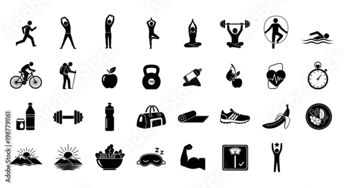 Black Silhouette Fitness Activities Icon Set Healthy Lifestyle Minimal Vector Icons