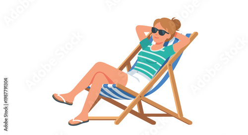 Woman relaxing on a striped beach chair enjoying the sunshine