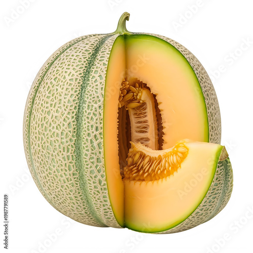 Fresh cantaloupe fruit cut open revealing its juicy interior and seeds