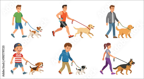 Diverse people happily walking their dogs in a cartoon illustration