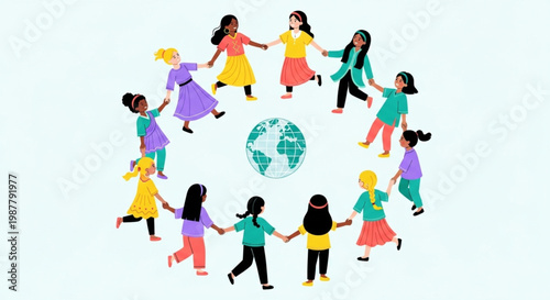 International Women's Day A vibrant circle of diverse girls holding hands around a globe, embodying global unity, peace, and the harmonious future of humanity