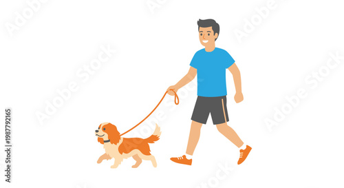 A young man happily walking a small brown and white dog on a leash