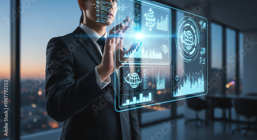 Businessman interacting with data visualization interface