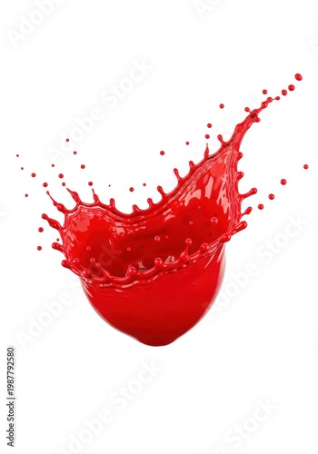 Highly detailed, viscous scarlet red liquid, sculpted into a dynamic wave with frozen micro-droplets, against a transparent studio background. Concept for beverage advertising