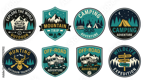 Vintage outdoor exploration badges featuring mountains forests and off road jeeps.