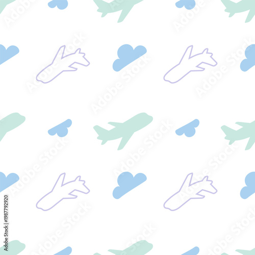 Delicate Sky Motif. Continuous Pattern Of Miniature Flying Machines And Rounded Clouds In Pastel Hues For Nursery Decor