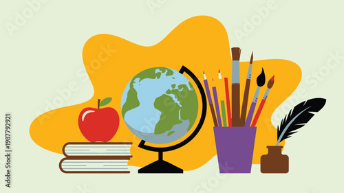 Vibrant educational illustration showing books, a globe, art supplies, and an apple