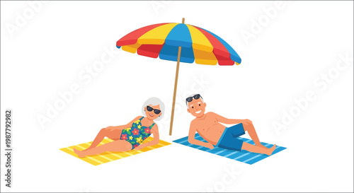 Couple relaxing on the beach under a colorful striped beach umbrella