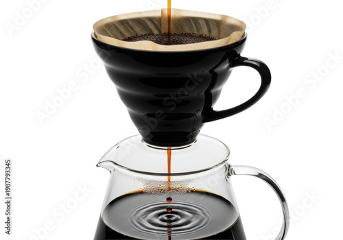 Black ceramic v60 dripper brewing into a glass carafe with a motion freeze splash on a white background. Concept of a specialty coffee ritual