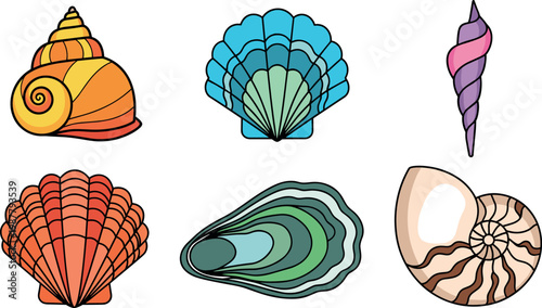 Canvas Print Colorful seashell illustration set featuring scallop conch spiral and marine she