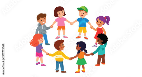 Diverse group of children holding hands in a circle smiling happily