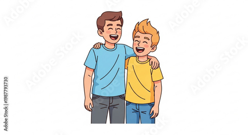 Two happy boys laughing together in casual clothes arms around each other