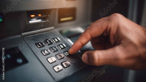 Close-Up of Hand Using ATM Keypad for Cash Withdrawal Process