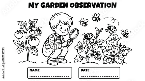 Kid observing garden plants with magnifying glass ladybugs and bees vector page.