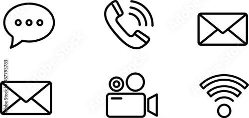 Communication and connectivity outline icon set with chat, phone, email, video, and wireless symbols for digital applications