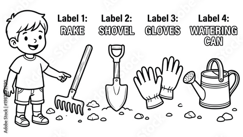 Little boy and essential gardening tools set with rake shovel gloves watering can.