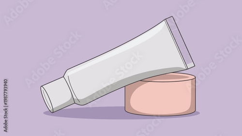 White cosmetic tube resting on its pink cap on a light purple background