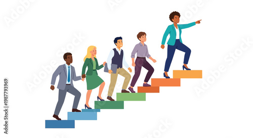 Diverse group of professionals ascending stairs symbolizing career growth and teamwork