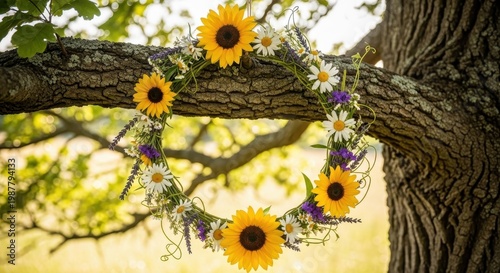 Beautiful Floral Wreath Hanging on Tree Branch Outdoors.