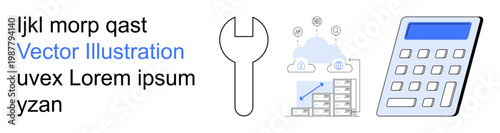Business analytics, cloud technology, IT services, software tools, data management, and development. Calculator, graphs and wrench . Business analytics and cloud technology highlighted