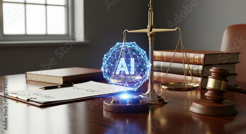 Legal scales with AI concept and courtroom elements