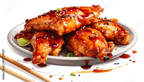 A plate of chicken wings with sauce and chopsticks