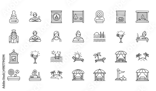 Luxury resort wellness outline icon set vector with spa massage beach relaxation editable stroke design