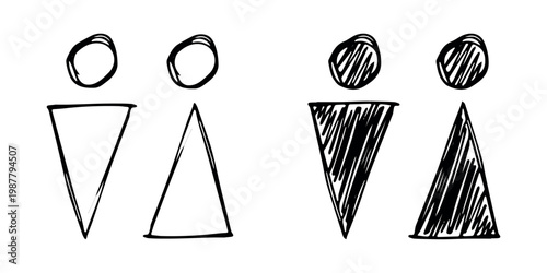 Hand drawn female and male gender identity sign Girls and boys Man and woman pictogram Lady and gentleman for restroom, toilet, washroom, lavatory, closet, WC, bathroom, door sticker