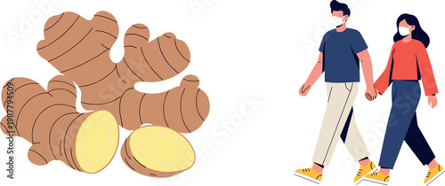 Fresh ginger root with sliced pieces and couple walking together vector illustration healthy spice food and modern lifestyle concept